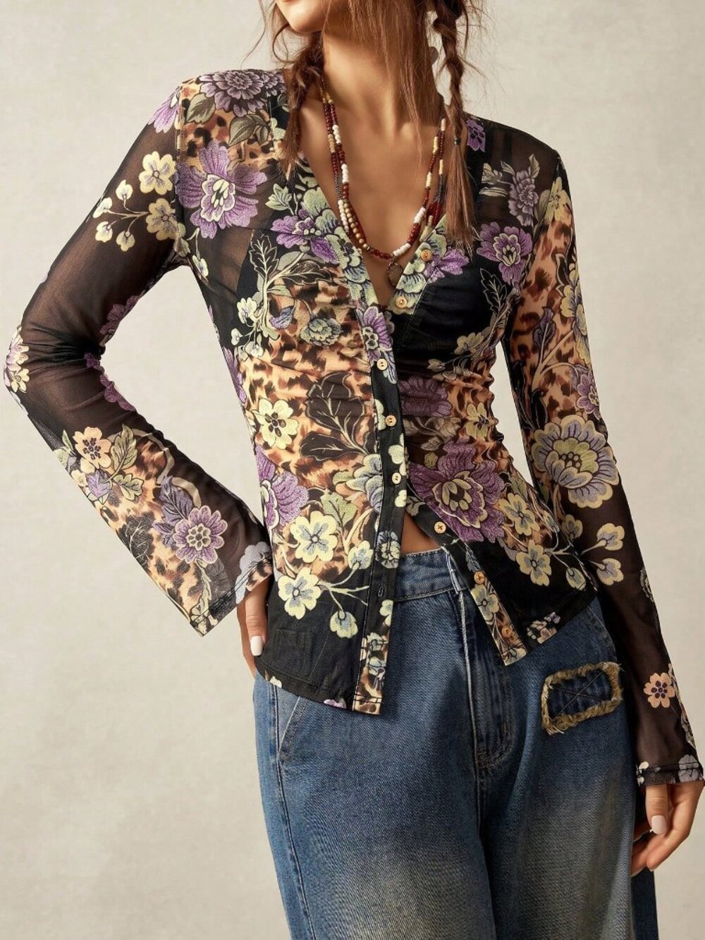 Black Casual Women's Boho Vacation Knit Mesh Printed Top - Picture 8 of 8